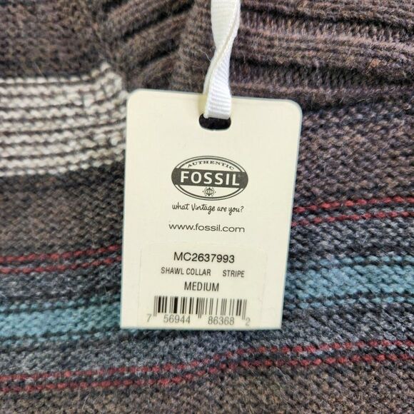 Fossil Sweater Mens M Brown Striped Shawl Collar Pullover Ribbed Knit Grandpa - Picture 14 of 16